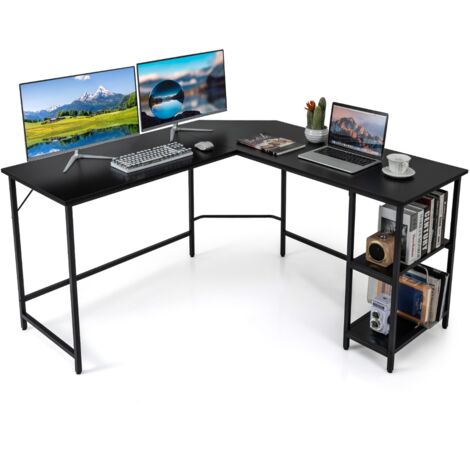 Scrivania per computer a L forma da 138cm, Scrivania da ufficio angolar con telaio in acciaio ripiano rimovibile Nero