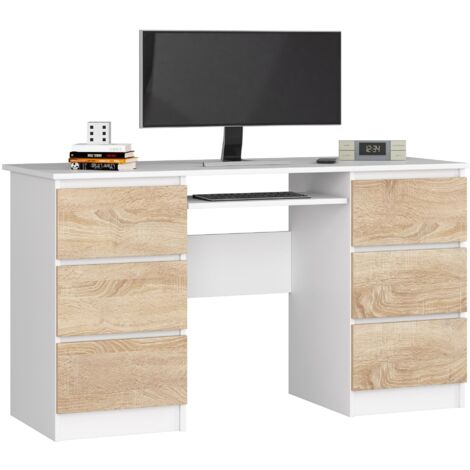 Scrivania per computer AKORD A11 Bianco 135 cm 6 cassetti inserto frontale Sonoma Quercia 135x50x77 cm