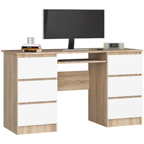 Scrivania per computer AKORD A11 Sonoma Quercia 135 cm 6 cassetti inserto frontale Bianco 135x50x77 cm