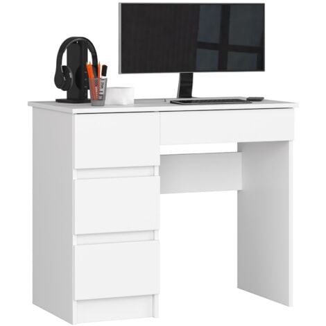 ABAMIHOME Scrivania per computer AKORD A7 Bianco 90 cm 4 cassetti 90x50x77 cm Modello a sinistra