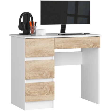 Scrivania per computer AKORD A7 Bianco 90 cm 4 cassetti inserto frontale Sonoma Quercia 90x50x77 cm Modello a sinistra