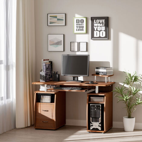 Scrivania per Computer Moderna Porta PC in Legno con Cassetti, Scrivania Salvaspazio Con Libreria, Mensola Estraibile e Porta Tastiera, 120x55x85cm, Marrone