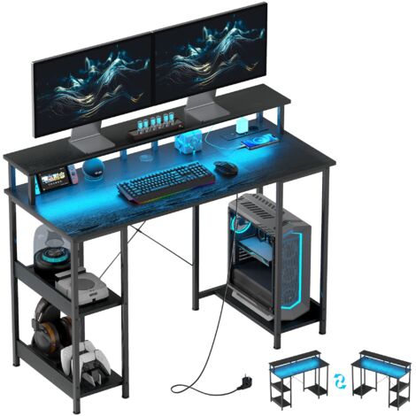 Scrivania per PC 120x 50x89,5 cm Reversibile con Prese Elettriche Luci e Supporto Monitor Nero