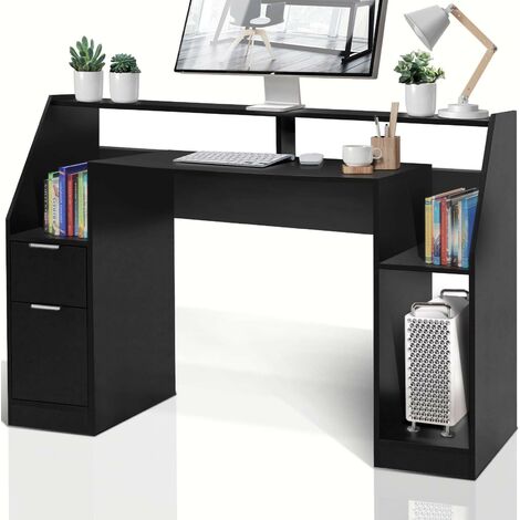 Scrivania nera da pc multi ripiani con cassetto e anta da ufficio studio camera