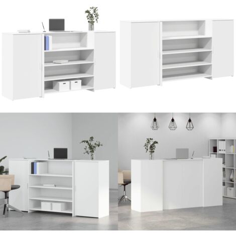 Scrivania per Reception Bianca 200x50x103,5 cm in Legno Massello - Bancone reception - Armadietto portaoggetti