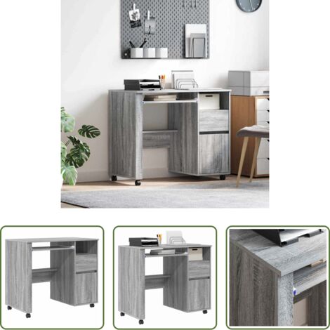 Scrivania per ufficio -  Scrivania con Ruote con cassetto Grigio Sonoma 91 x 50 x 77 cm