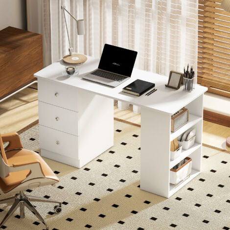 Scrivania Porta PC per Camera e Ufficio con Cassettiera e Ripiani Portaoggetti in Legno 120x49x72cm Bianco