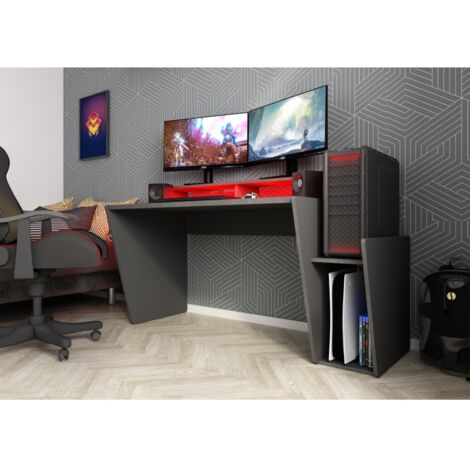 Scrivania reversibile game 5021 doppio ripiano e luci Led 150x66,9x85,5H colore antracite
