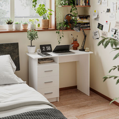Scrivania Salvaspazio Moderna con 3 Cassetti e Ripiano Aperto, Scrivania con Cassetti in Legno, per Ufficio, Studio e Camera da Letto, 100x40x75 cm, Bianco