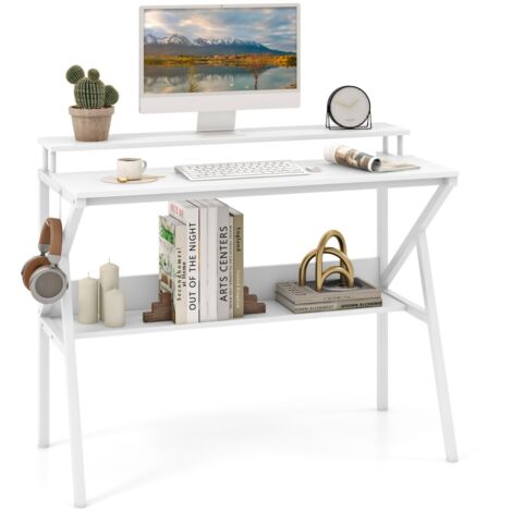Scrivania salvaspazio per computer supporto monitor struttura metallica forma R Bianco