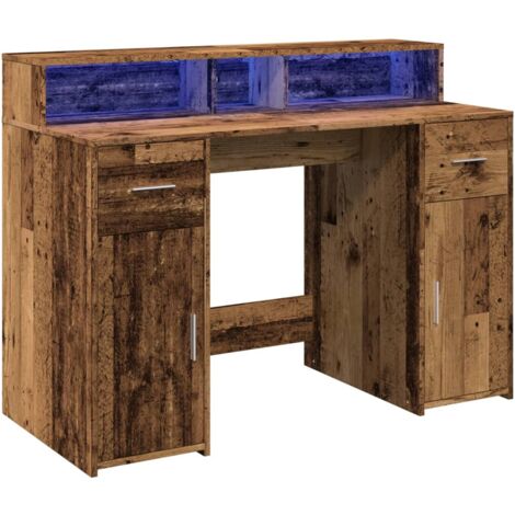 Scrivania tavolo postazione di lavoro mobile per computer studio con luci a LED legno vecchio legno ingegnerizzato marrone 020023436