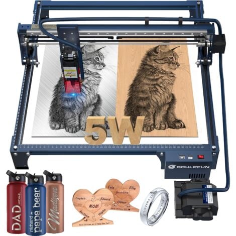SCULPFUN S30 5W Graveur laser, machine de gravure, pompe d'assistance d'air automatique 30L/Min, buse d'air, rail de qualité industrielle, interrupteur de fin de course
