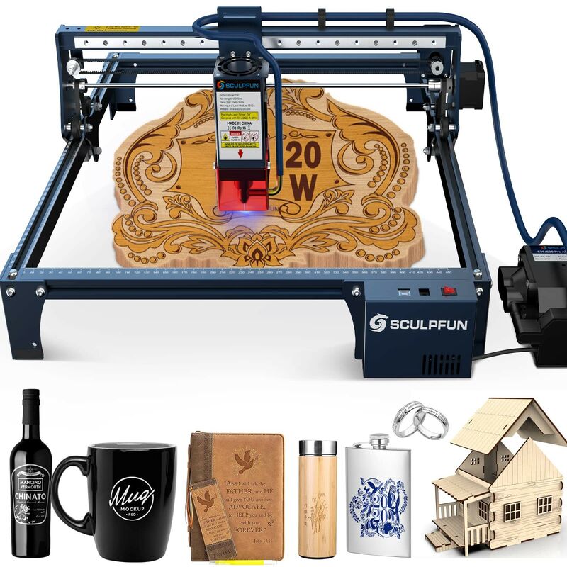 Sculpfun - S30 Pro Max Machine de Gravure Laser - 20W Lasers Laser Cutter, Contrôle Automatique Air Assist, Color Sculpture Metal, pour les
