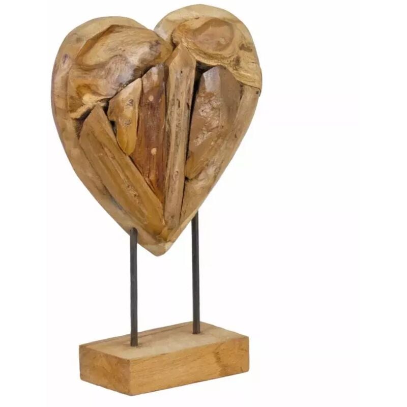 Meubletmoi - Sculpture artisanale cœur sur socle en bois de teck H30 cm - corazon 2