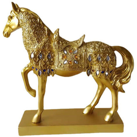 Sculpture cheval en résine dorée pour décoration salon, cave à vin et espace intérieur