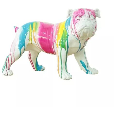 Sculpture chien bulldog blanc en polyrésine – Peinture multicolore – Dimensions 40x26x20 cm pour décoration intérieure – Meubletmoi