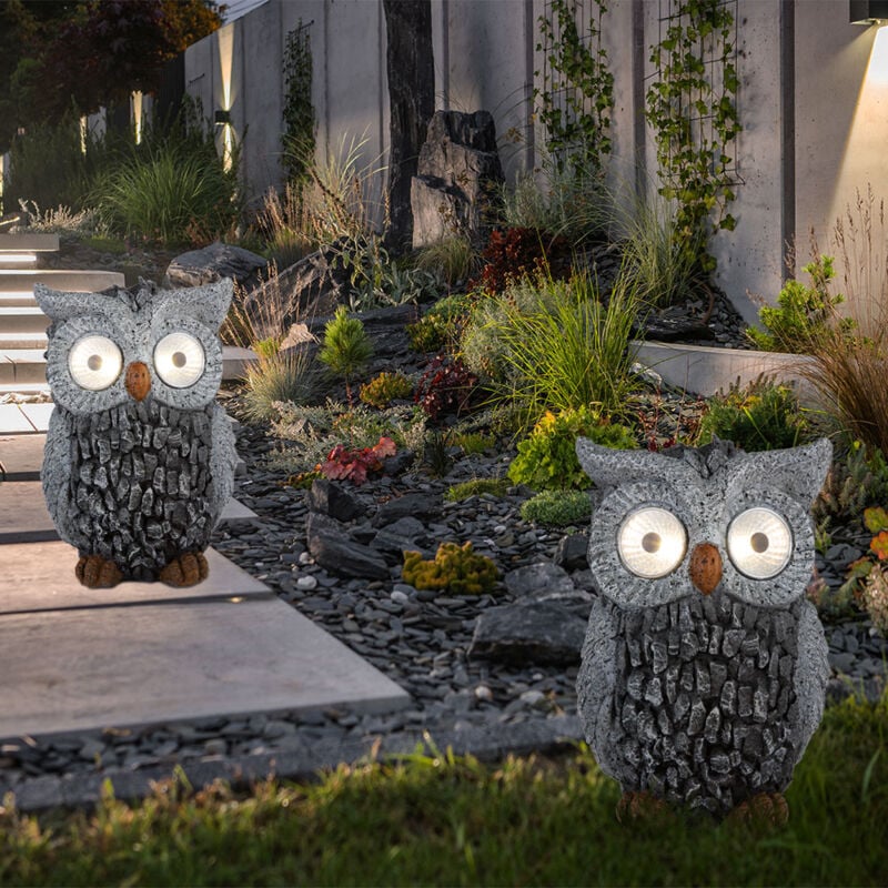 Sculpture de jardin hibou solaire pour l'extérieur sculpture de figurine de décoration de jardin batterie grise, plastique, 2x led 3000K, LxlxH