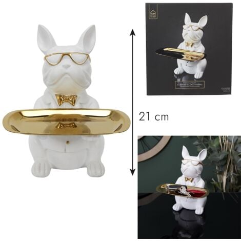 Sculpture Deco Bulldog Blanc Vide Poche 21cm M4