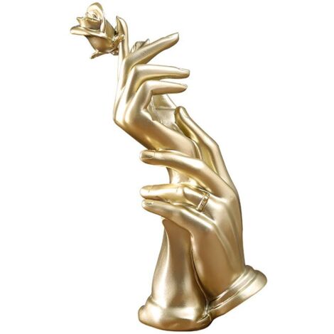 Sculpture décorative dorée main tenant rose modèle 7128G-01, hauteur 27,5cm pour intérieur