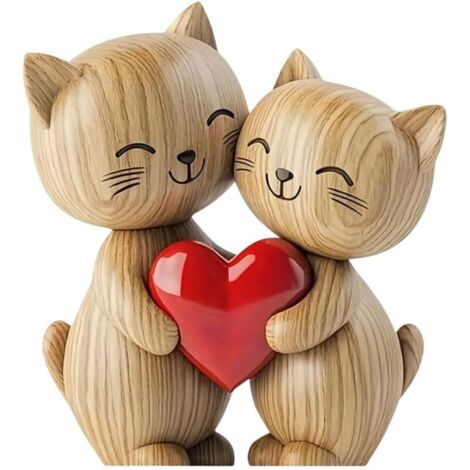 Sculpture en Bois de Couple de Chats – Décoration de Bureau Plate en 2D avec cœur partagé, décoration de Chat, décoration pour Maison et Bureau, Cadeau Unique pour Les Amoureux des Chats