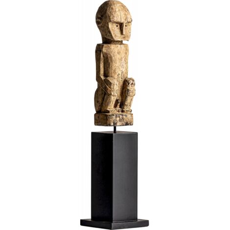 Sculpture Ethnique Patinée sur Socle Noir - Déco Intérieure - Noir, Naturel