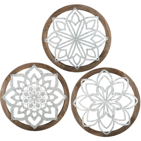 Sculpture murale bois vintage et décoration intérieure bohème - PACK DE 3 Décor rond artisanal pour salon et bureau