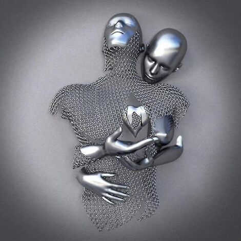 Sculpture murale en métal 3D représentant un couple en forme de cœur gris (Linglai) - 50 x 50 cm - Argent FD29
