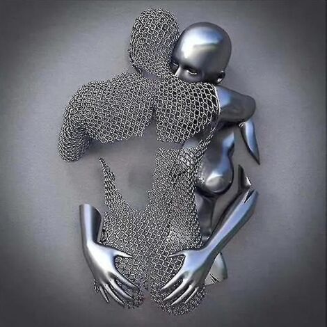 Sculpture murale en métal 3D représentant un couple en forme de cœur gris - Linglai - 50 x 50 cm - Argenté FG427