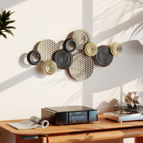 Sculpture murale métal design, ornement mural contemporain à disques multiples, 100x50 cm en kaki et noir