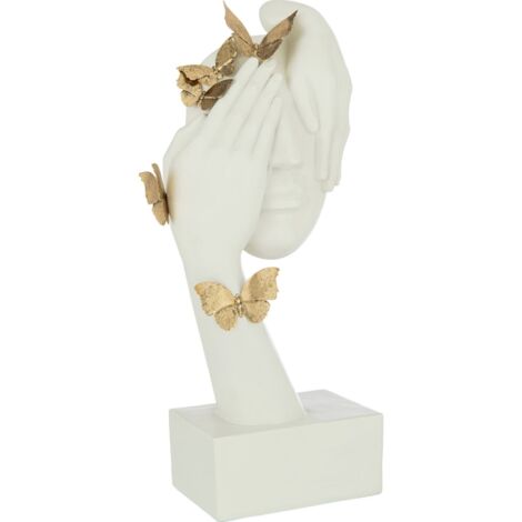 Sculpture visage papillon doré sur socle blanc décoratif - Blanc avec papillons dorés