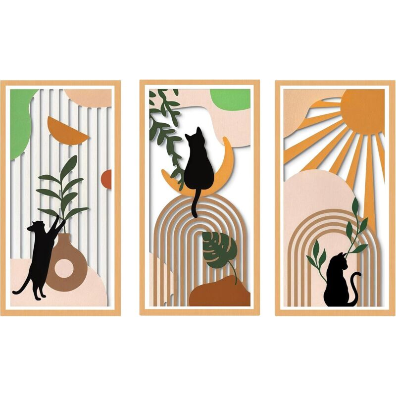 Sculptures Murales en Bois, Décor Boho Chic, 3 Pièces avec Motifs Chats, Vases, Feuilles Tropicales, Soleil et Lune, Art Mural Décoratif pour Salon,