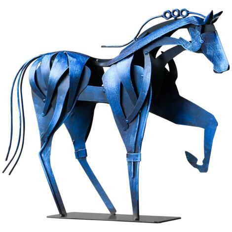 Scultura in metallo dipinta a mano Hame Decor per ufficio, casa e giardino, motivo cavallo in piedi, blu, 15,3 x 13,25 pollici