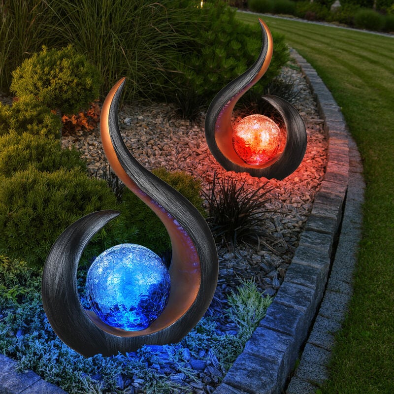 Image of Scultura lampade solari per esterni LED luce solare da giardino curvo cambia colore, vetro plastica, 1x batteria LED RGB, H 33,5 cm, set di 2