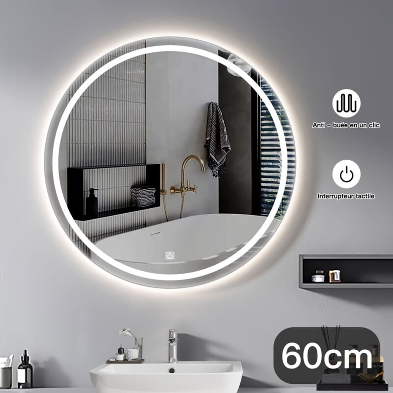 Specchio da bagno a LED rotondo, SDLOGAL, Ø60 cm specchio da bagno Ø60 cm con sensore a LED, anti-Fog, con pulsante tocco intelligente, risparmio