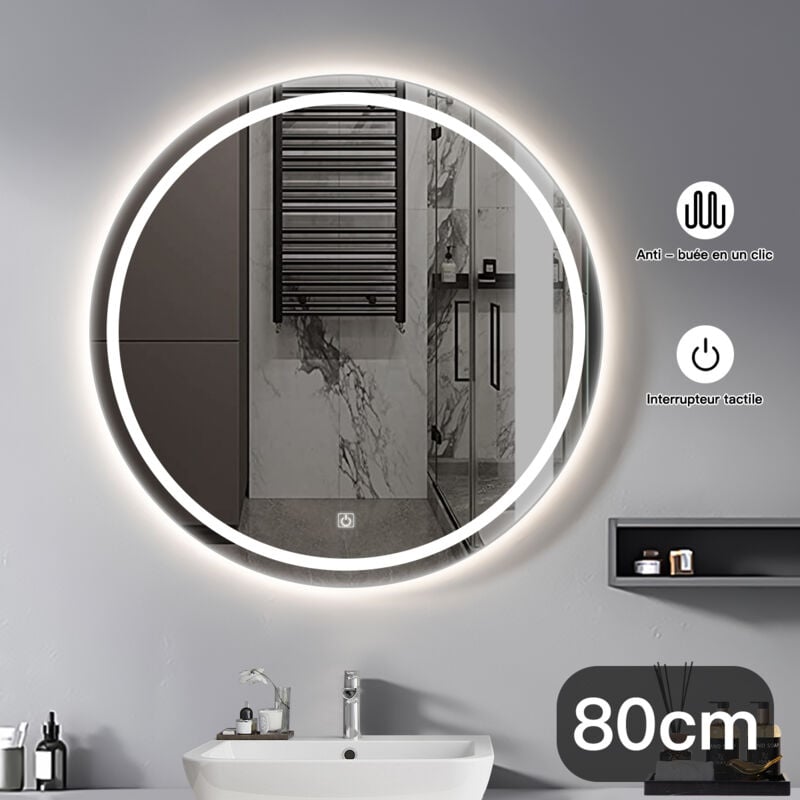 Specchio da bagno luminoso,SDLOGAL,Ø80 cm rotondo Ø80 cm Specchio da bagno con sensore a LED, anticoga, con pulsante tocco intelligente, risparmio