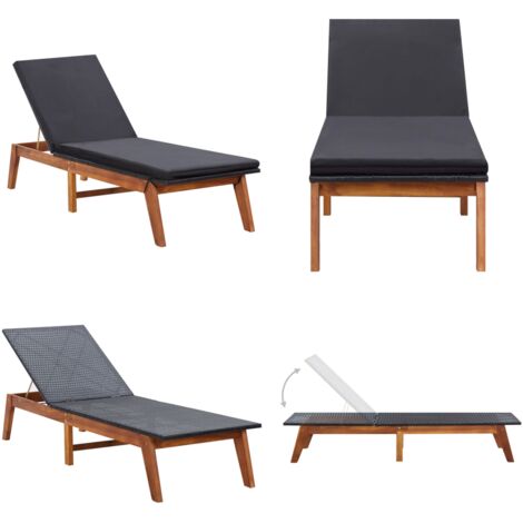 Sdraio con Cuscino in Polyrattan e Legno Massello di Acacia - Lettino prendisole - Cuscino per lettino