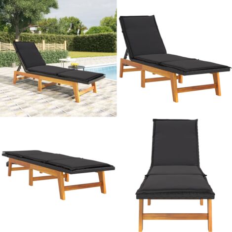 Sdraio con Cuscino Nero Marrone Polyrattan e Massello di Acacia - Lettino da piscina - Lettino in legno