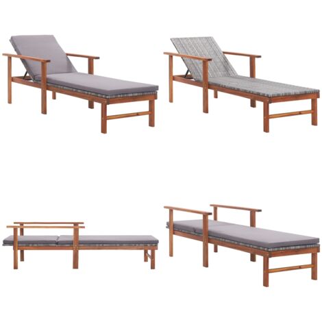 Sdraio con Cuscino Polyrattan e Legno Massello di Acacia Grigia - Lettino da piscina - Lettino in rattan