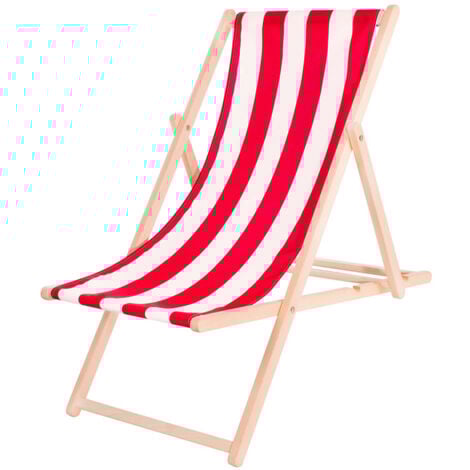 Sdraio da spiaggia pieghevole, in legno con tessuto rosso e bianco.