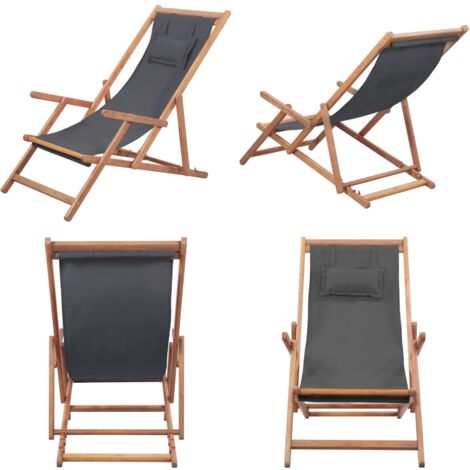 Sdraio da Spiaggia Pieghevole Telaio in Legno e Tessuto Grigio - Sdraio da giardino - Sdraio pieghevole