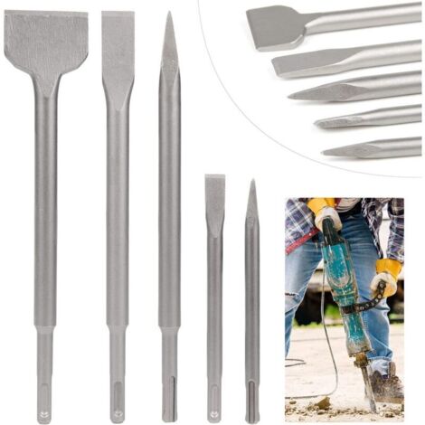 SDS Chisel Lot de 5 burins avec 2 burins pointus et 3 burins plats Outil de forage pour béton