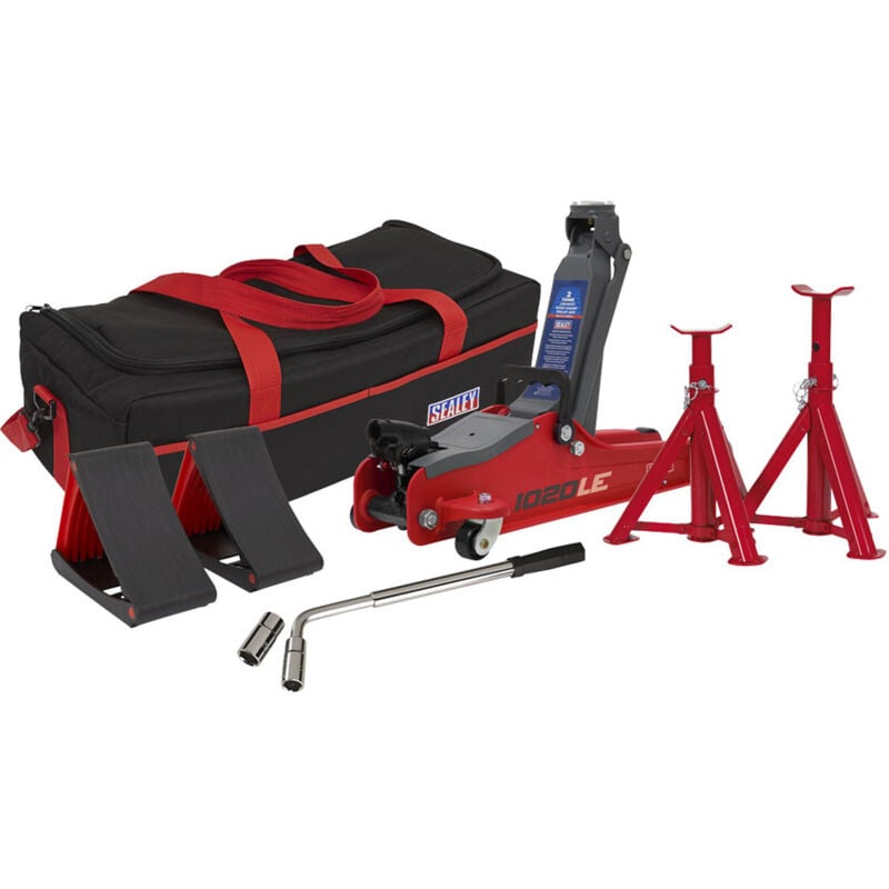 1020LEBAGCOMBO Trolley Jack 2tonne Low Entry Short Chassis - Red & Accessories Bag Combo - Sealey