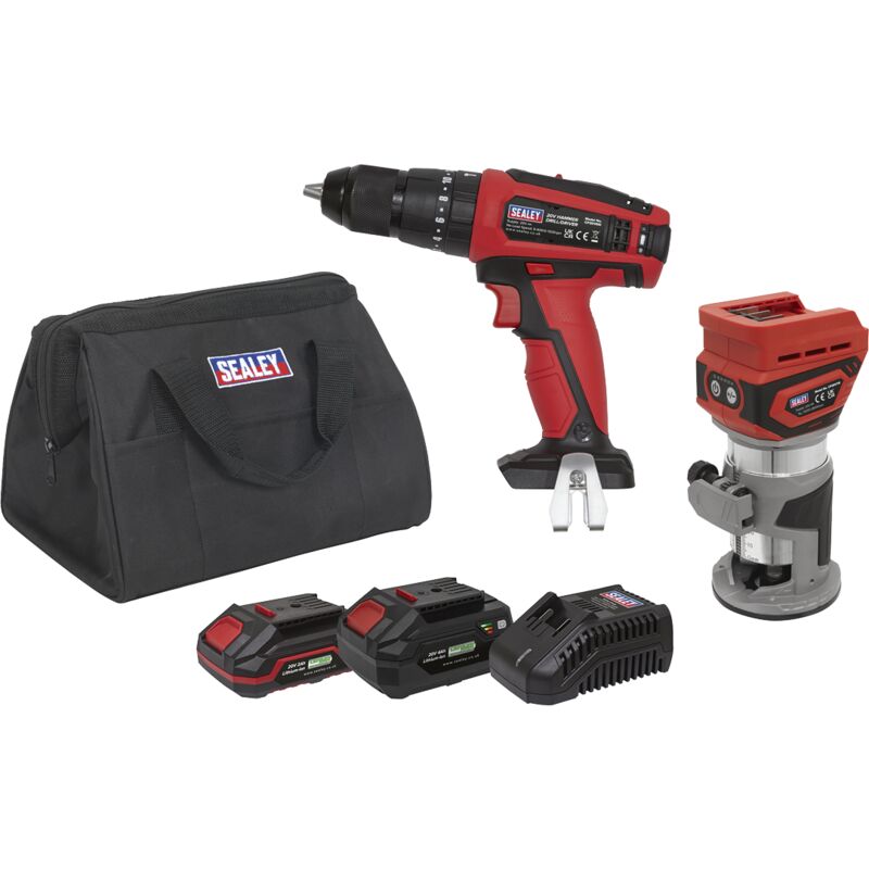 Sealey CP20VCOMBO12 2 x SV20 Series Cordless Router & Combi Drill Kit 20V - 2 Batteries