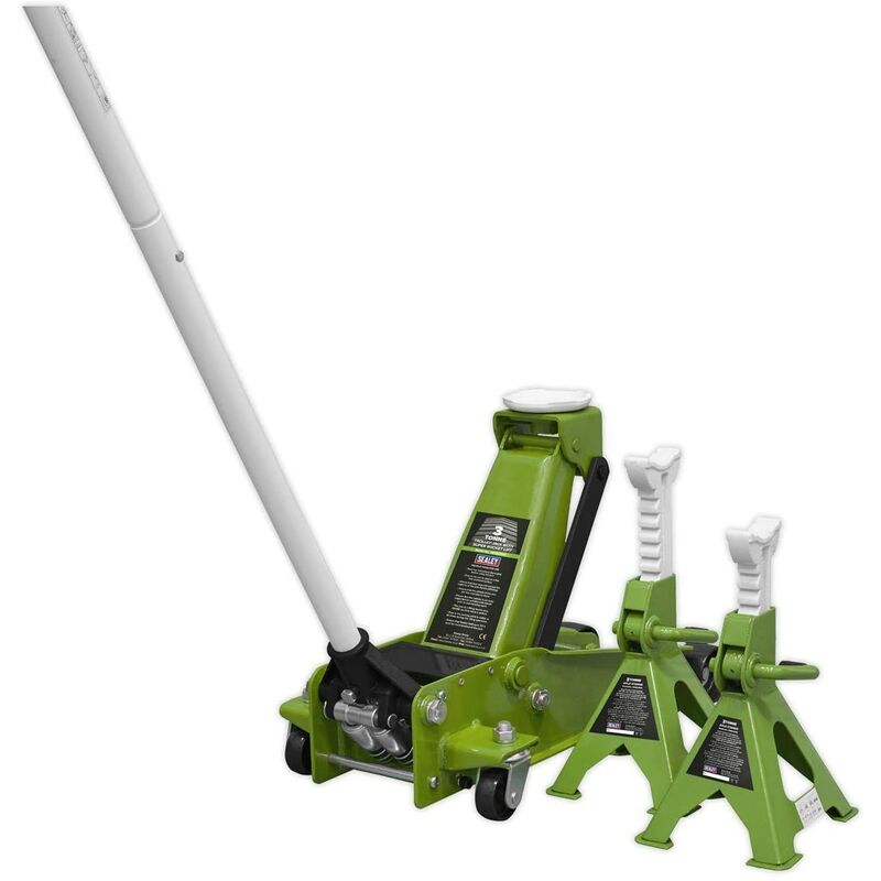 3015CXHV Trolley Jack 3tonne with Super Rocket Lift & Axle Stands (Pair) 3tonne Capacity per Stand-Hi-Vis - Sealey