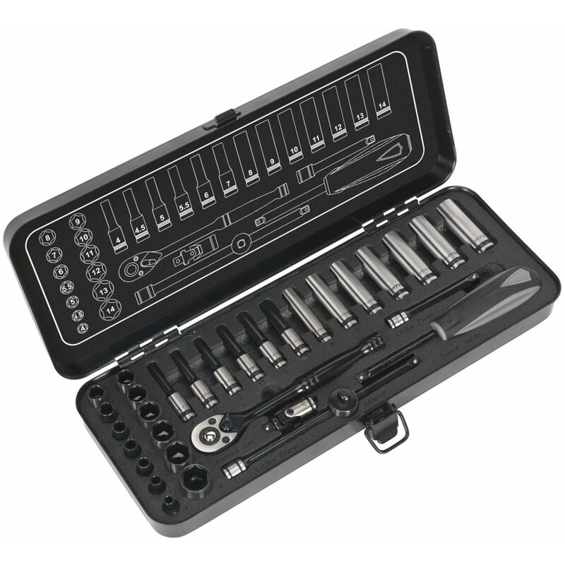 Socket Set 32pc 1/4''Sq Drive 6pt WallDrive® Metric Black Series AK7970 - Sealey