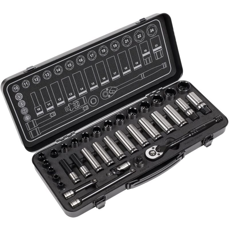 Sealey - Metric Socket Set 34pc 3/8''D WallDrive Black Series Single Hex AK7971