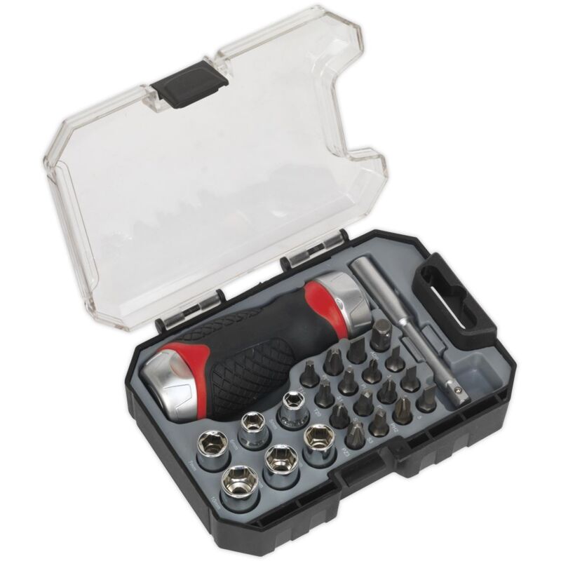 Sealey - AK64906 Premier Fine Tooth Stubby Ratchet Screwdriver Socket & Bit Set 24pc