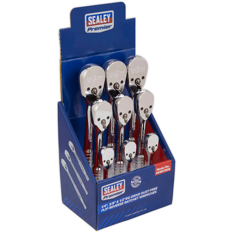 AK6672DB Ratchet Wrenches 1/4', 3/8' & 1/2'Sq Drive Pear-Head Flip Reverse Display Box of 9 - Sealey