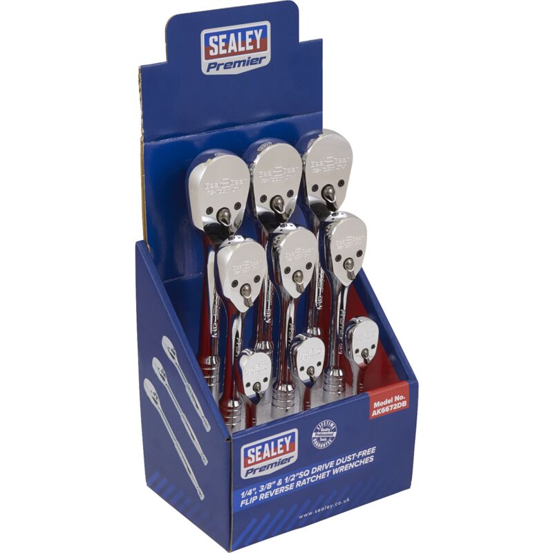AK6672DB Premier Pear-Head Ratchet Wrenches with Flip Reverse 1/4', 3/8' & 1/2'Sq Drive - Display Box of 9 - Sealey