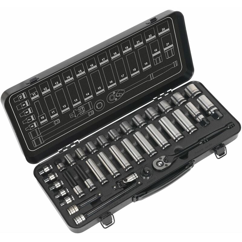 Sealey - Metric Socket Set 34pc 3/8''D WallDrive Black Series Single Hex AK7971